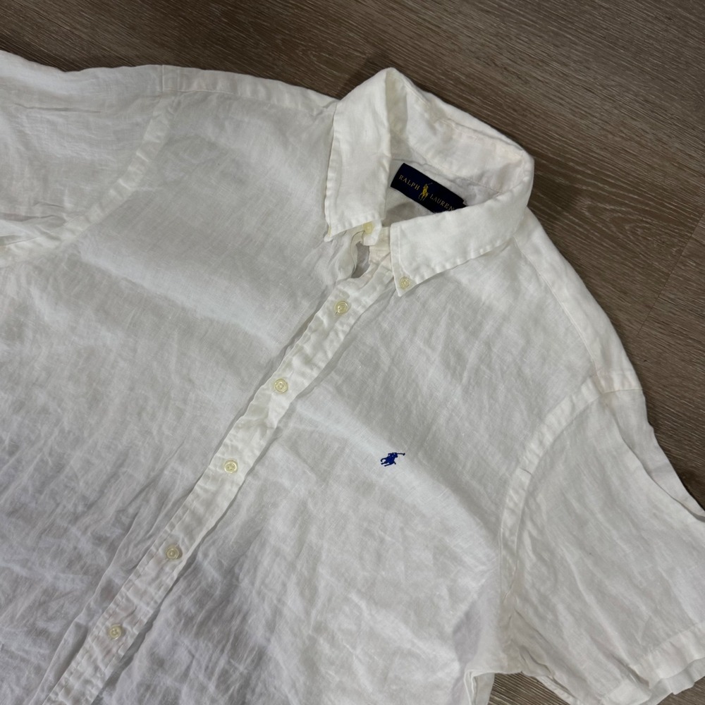 Ralph Lauren Button Down Shirt Mens XL White 100% Linen Short Sleeve Pony Logo